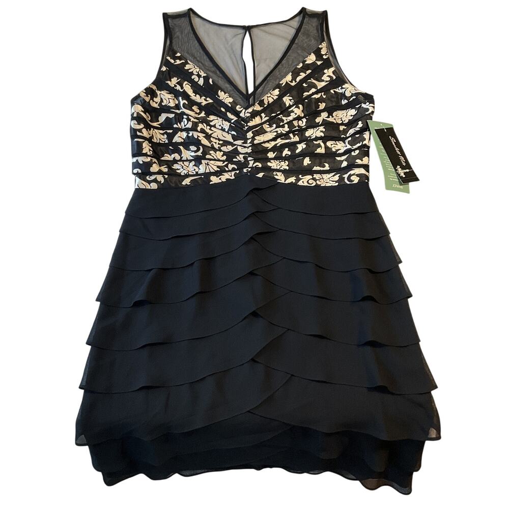 Scarlett Nite Women Dress 16 Black Floral Sheath Cocktail Ruffle Sheer RuchedNWT